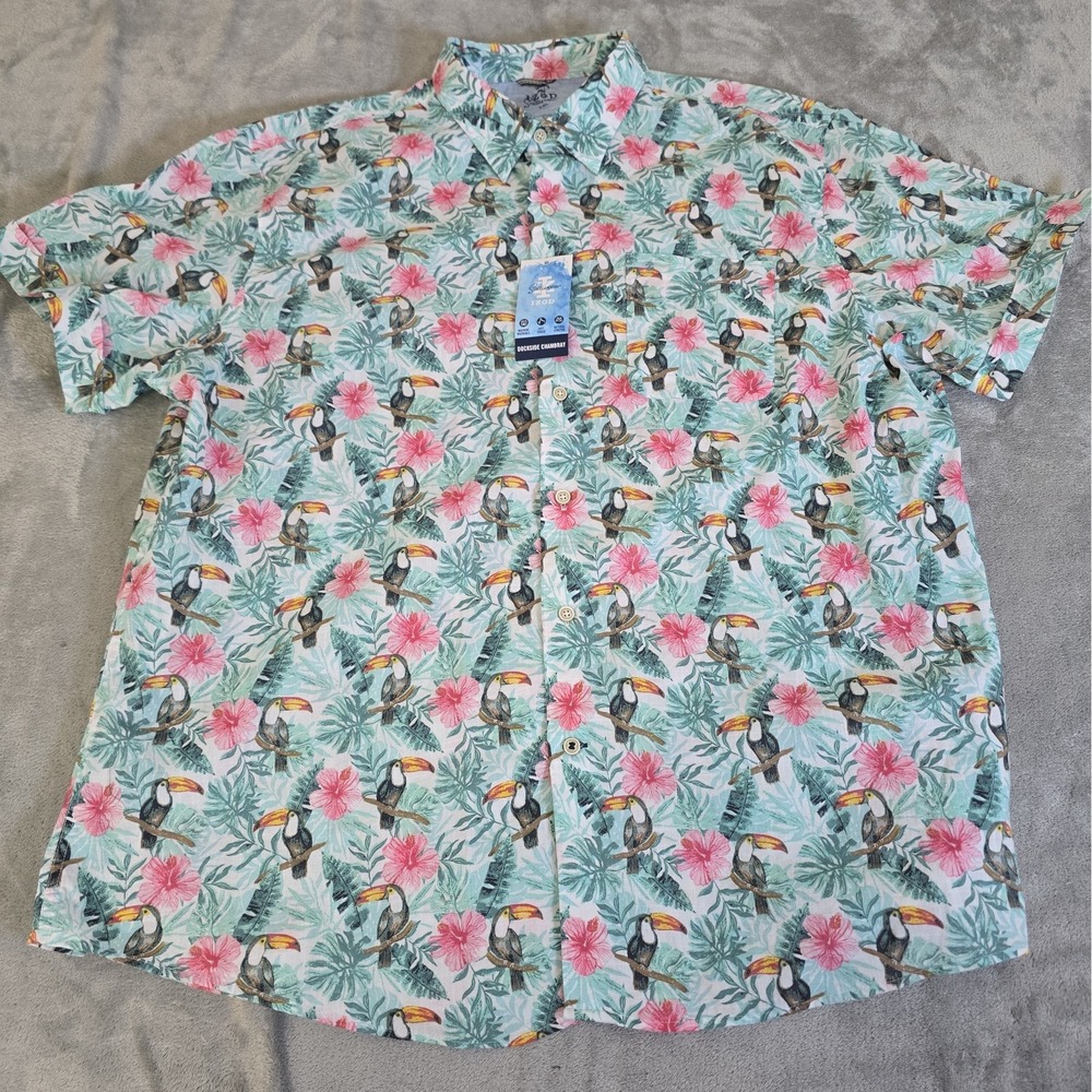 Izod Shirt Mens XXL Saltwater Dockside Chambray Toucan All Over Print Hawaiian